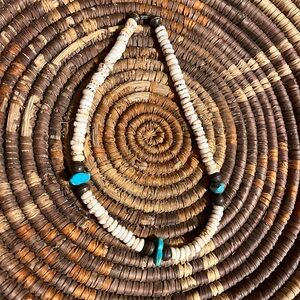 Turquoise and Puka Shell necklace with benchmade Navajo sterling pearls